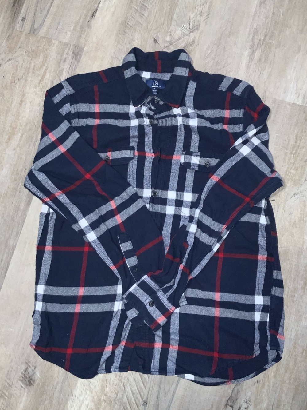 (Bin 37) George, Men’s Blue Plaid Shirt with Red Accents, Size M